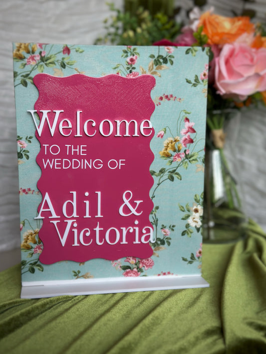 Custom Wavy Floral "Welcome" Wedding Table Sign